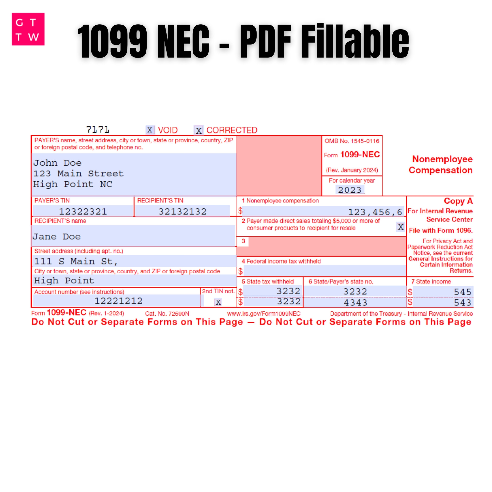 1099 NEC Editable PDF Fillable Template 2024 With Print And Clear Buttons Courier Font Etsy