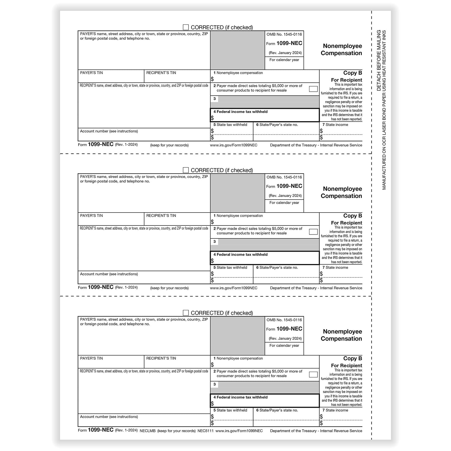 Amazon 2024 Laser 1099 NEC Recipient 3 Up Copy B IRS Approved Filing Tax Forms 1099 Tax Forms For Filing 150 Pack End Of Year 1099 NEC Forms Office Products