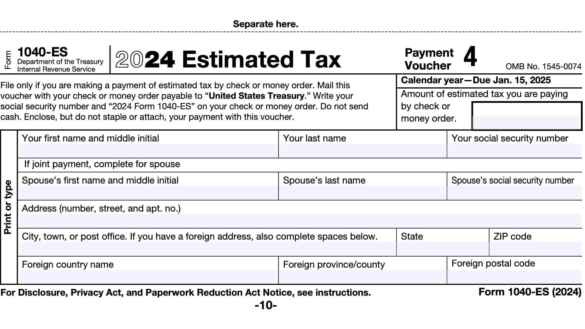 IRS Form 1040 ES Instructions Estimated Tax Payments