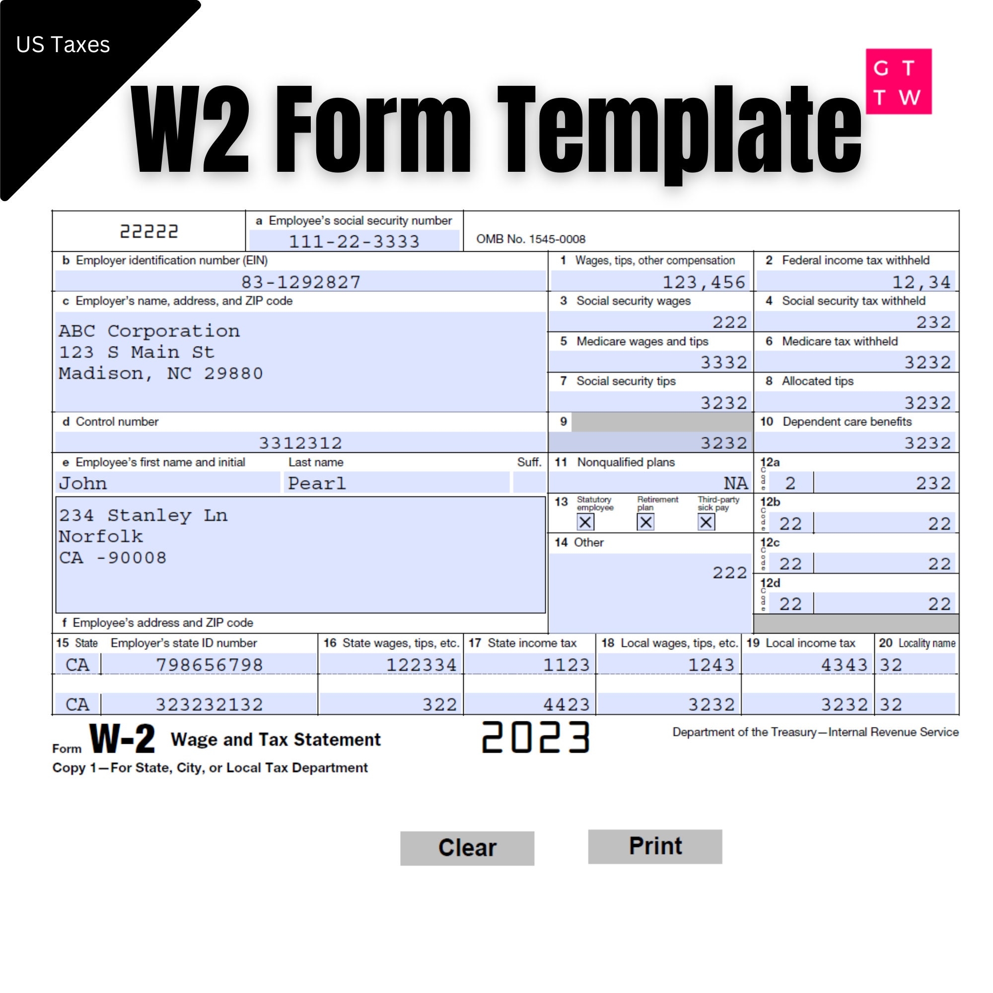W2 Form IRS 2024 2023 Fillable PDF With Print And Clear Buttons Generate W2 Quickly Digital Download Etsy Norway